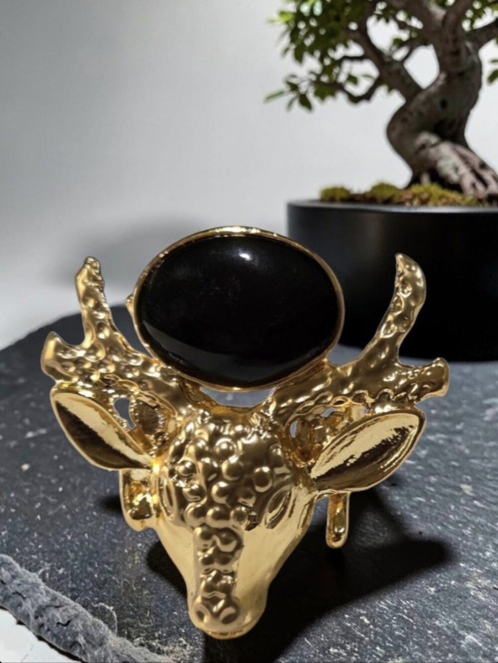 Oversized 18k Gold Plated Custom Genuine Onyx Stag Deer Statement Ring